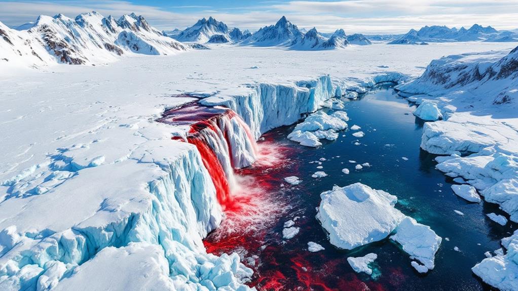 crimson waterfall in antarctica