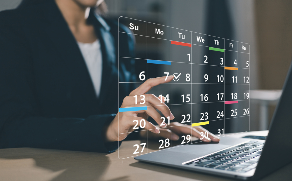 Planning and scheduling meeting calendars, activities, time management, notifications and reminders of important events with virtual screens
