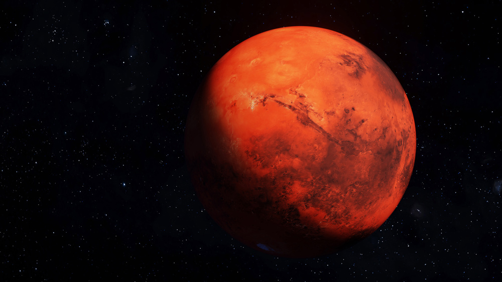 Mars planet 3D render illustration, high detailed surface features, Martian red globe scientific background with stars in the background
