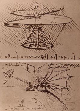 Early designs of flying machines by Leonardo da Vinci