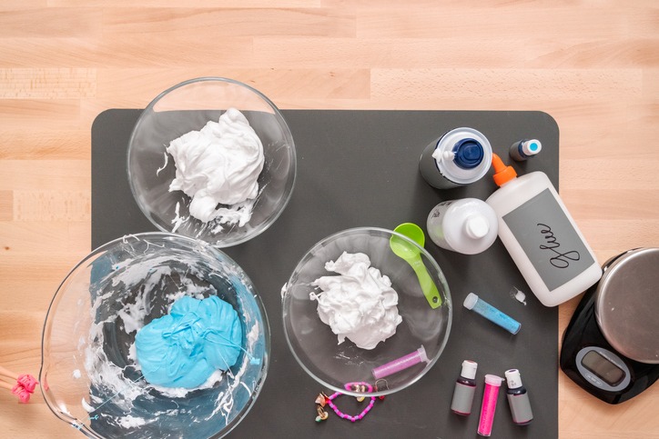 Kids project with colorful fluffy slime.