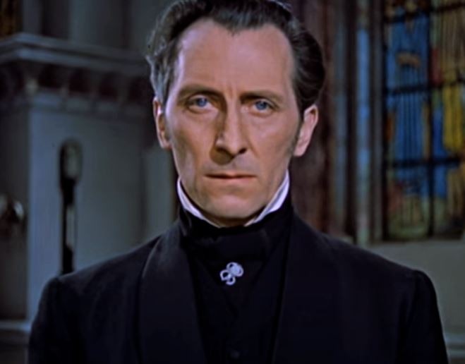 Peter Cushing in his iconic role as Baron Frankenstein